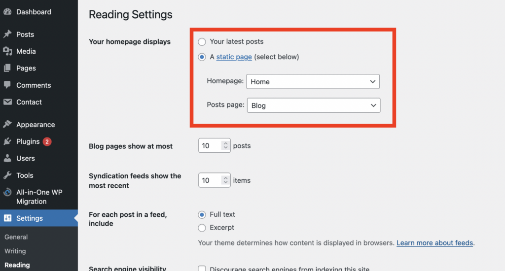 Screenshot of WordPress Reading Settings showing "Your homepage displays" with "A static page" option selected, and dropdown menus for "Homepage" and "Posts page."